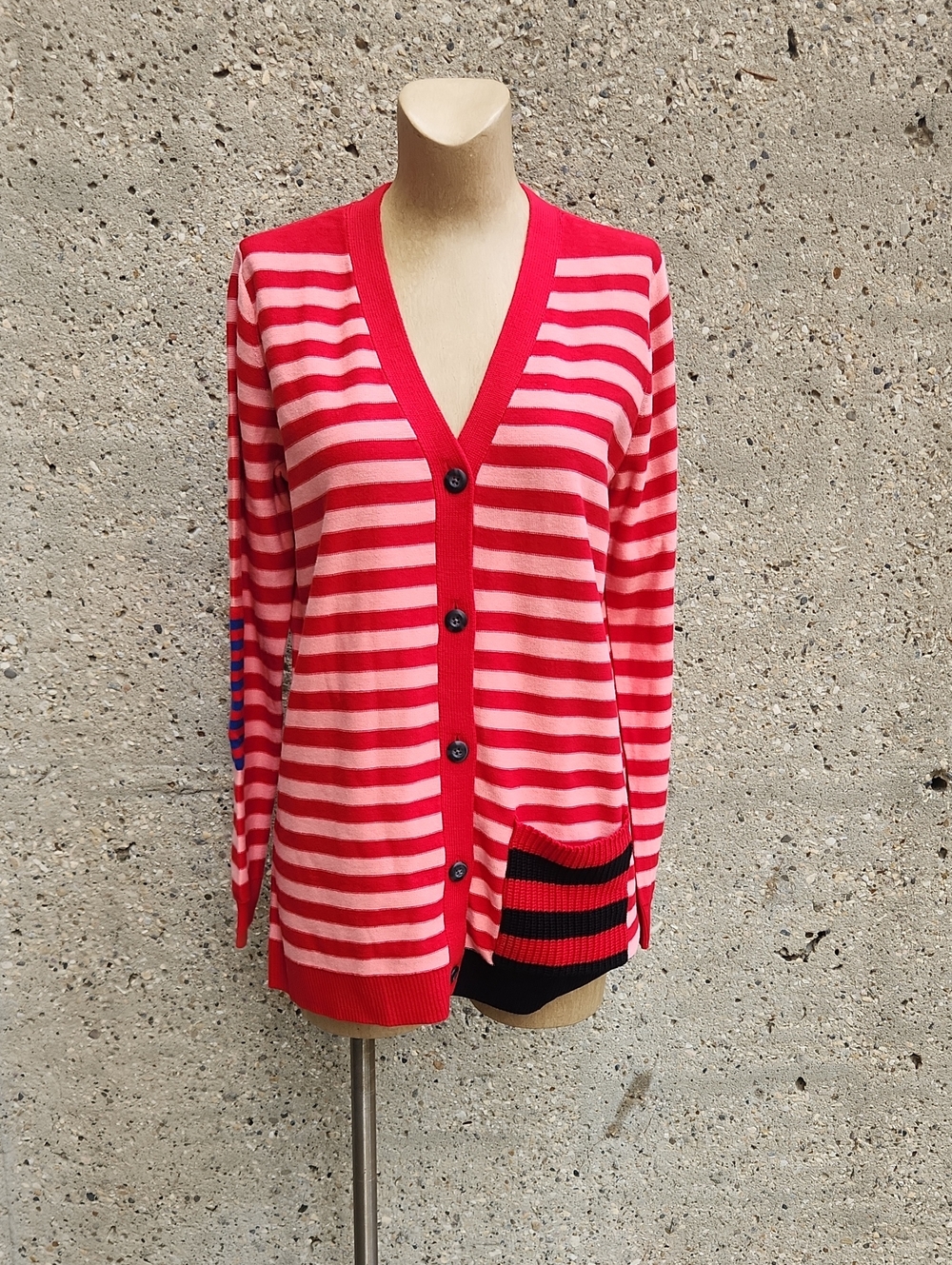 CAbi Red and Pink Striped V-Neck Button Cardigan